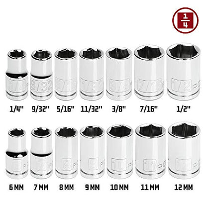 Powerbuilt 14 Piece Metric and SAE Shallow Socket Set, 1/4-Inch Drive, 6 Point, Dual Grease Rings, Size Markings - 640087 - size: Metric and SAE