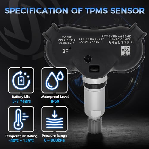 Sorghum Tire Pressure Monitoring System - Pre-Programmed TPMS Sensors 4 Pcs 315MHz Compatible with 2008-2017 Honda Civic Element Odyssey CR-Z Fit Acura Replace# 42753-TR3-A81 42753-SNA-A830-M1 - color: Matte Black-42753-sna-a830-m1