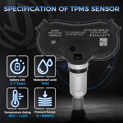 Sorghum Tire Pressure Monitoring System - Pre-Programmed TPMS Sensors 4 Pcs 315MHz Compatible with 2008-2017 Honda Civic Element Odyssey CR-Z Fit Acura Replace# 42753-TR3-A81 42753-SNA-A830-M1 - color: Matte Black-42753-sna-a830-m1