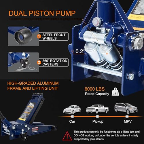TCE ATZ830026XU-2 Ultra Low Profile Floor Jack: Heavy Duty Hydraulic Steel Service Jack with Dual Piston Quick Lift Pump and Detachable Handle, 6,000 LBS Capacity (3 Ton), Blue - size: 3 Ton