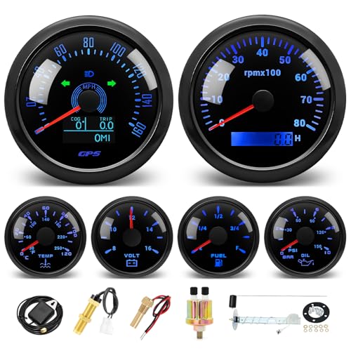MH 6 Boat AUTO Gauge Set - 3-3/8" GPS Speedometer, Tachometer, 2-1/16" Oil Pressure, Fuel Level, Water Temperature, Voltmeter Marine Meter Kit Waterproof 7 Color (Black) - color: Black