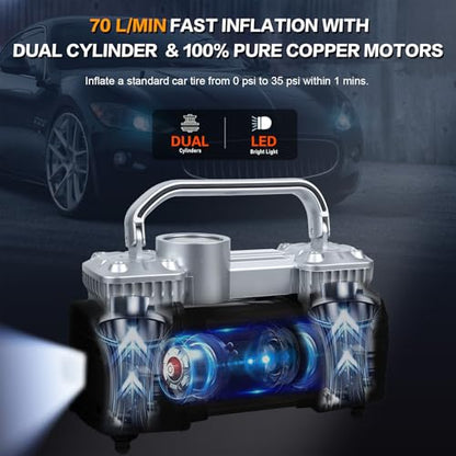GSPSCN Heavy Duty Tire Inflator 12V Portable Toolbox Air Compressor Pump