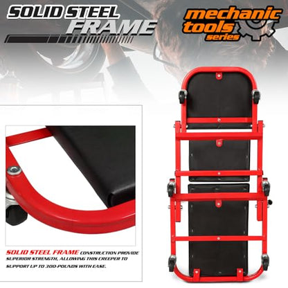 M-AUTO 40-Inch Folding Creeper Rolling Seat, All-in-One Adjustable Roller Garage Chair, Lay Down or Sit, 330LBS Capacity Under Car Roller Creeper with 6 Swivel Casters, Red - color: Red, size: 40"