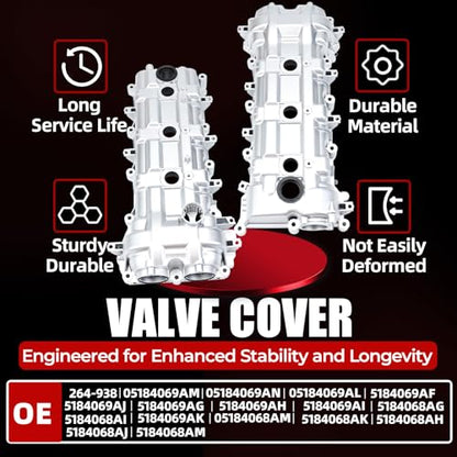 MITZONE Aluminum Valve Cover Set Compatible with 2011-2022 Dodge Grand Caravan Journey Jeep Grand Cherokee Wrangler Chrysler Town Country RAM 3.2L 3.6L V6 264-938 05184069AN - size: Right Side & Left Side