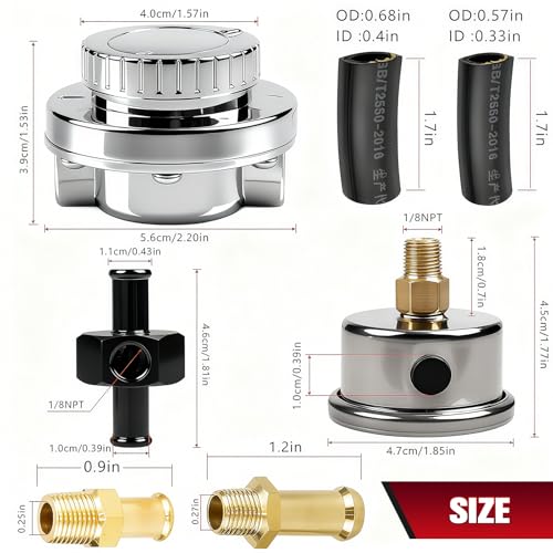 BHB Zinc alloy Universal Fuel Pressure Regulator 1-5 PSI kit Compatible with Single carburetor and dual carburetor with 0-15 PSI scale pressure gauge with rubber hoses steel clamps brass fittings - size: 1-5 PSI+pressure gauge kit