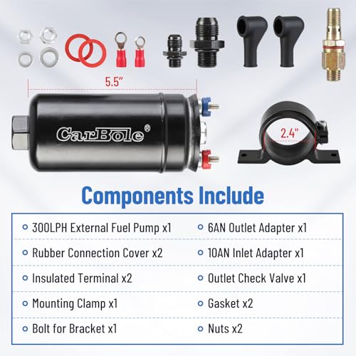 CarBole Universal Electric External Inline Fuel Pump, 12V 300LPH High Flow Rate, with Mounting Bracket Clamp
