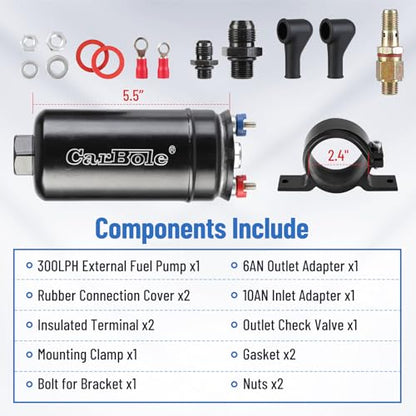 CarBole Universal Electric External Inline Fuel Pump, 12V 300LPH High Flow Rate, with Mounting Bracket Clamp
