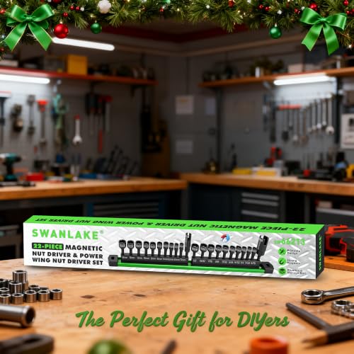 22-Piece Magnetic Nut Driver Set, Metric & SAE (5-13mm & 3/16"-1/2"), 1/4" Hex Shank Impact Bit Set, Wing Nut Driver Bits, Magnetic Aluminum Storage Rail - color: Nut Driver Set With Rail Green
