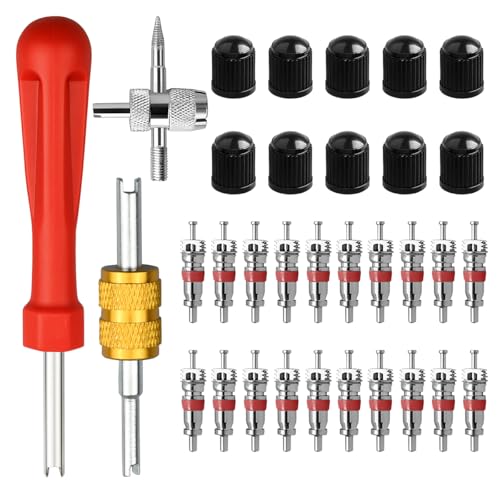Bittwee 34PCS Tire Valve Stem Removal Tool Kit, 4 Way & Single and Dual Head Tyre Valve Core Remover Installer with 21 Core & 10 Cap, Tire Stem Repair Tool for Motorcycle Bicycle