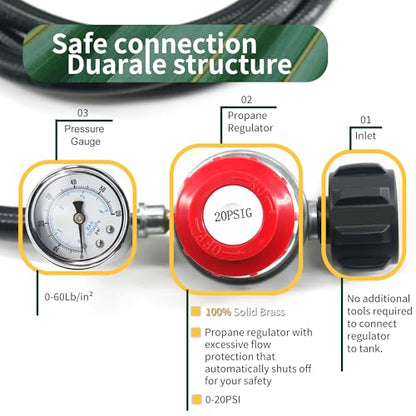 6 FT 4/8/10/12 FT Lengths Optional, High Pressure Propane Regulator with Gauge, 20 PSI Adjustable Propane Hose with QCC-1 Connector, for Turkey Fryers, Fire Pits, Grills, Smokers - size: 6 FT