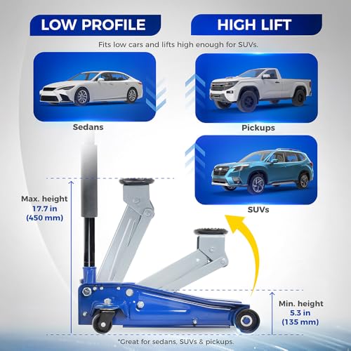 Hantec Floor Jack 2.5-Ton (5,000 lbs) Low Profile Hydraulic Trolley Jack HGP9 – Quick Lift Pump, Lift Range 3.3" to 14.6", Built-in Safety Valve & 360° Swivel Saddle for Cars, SUVs and Trucks