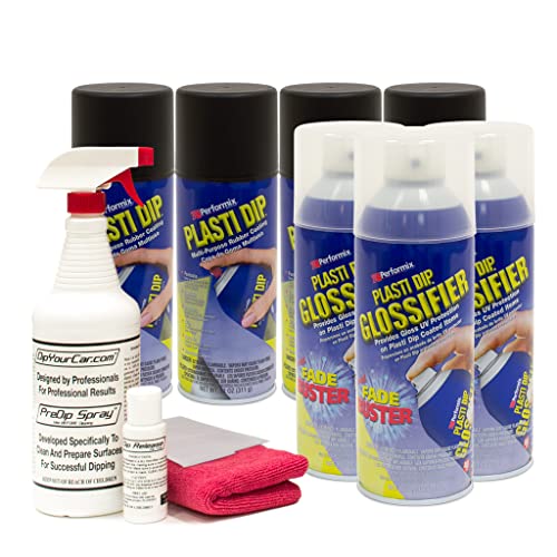 DipYourCar Plasti Dip Gloss Black Wheel Paint Kit - DIY Set with Cans of Sprayable Automotive Peelable Protection PreDip Cleaner Spray DipRelease for Tires and Microfiber Towel for Car Rims.