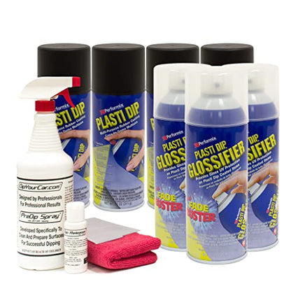 DipYourCar Plasti Dip Gloss Black Wheel Paint Kit - DIY Set with Cans of Sprayable Automotive Peelable Protection PreDip Cleaner Spray DipRelease for Tires and Microfiber Towel for Car Rims.