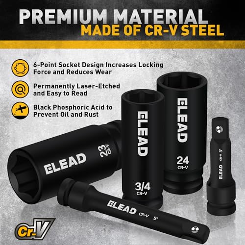 ELEAD 1/2" Drive Deep Impact Socket Set: 30-Piece Standard SAE (3/8 to 1 Inch) and Metric (10-24mm) Size, 3" and 5" Drive Extension Bar, Ratchet Handle, Bit Adapter, CR-V Steel for Auto Repair - color: 30pcs 1/2'' Drive Impact Socket Set Black