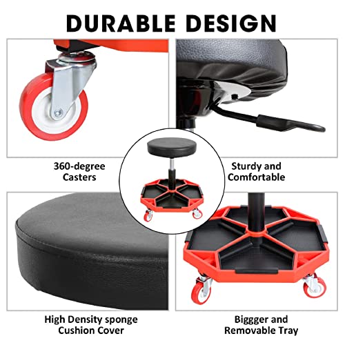 TCE ATRXF8308U Pneumatic Creeper Seat/Padded Adjustable Mechanic Stool with Removable Tool Tray Storage, 300 lb Capacity, Black/Red