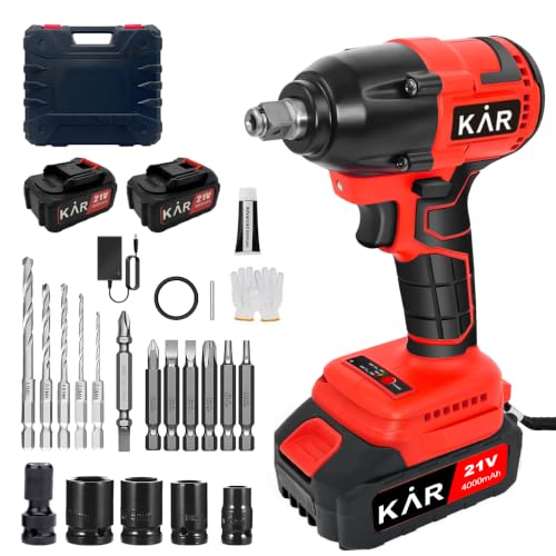 Karramlili 21V Brushless Impact Wrench 650Nm – 1/2" Cordless Impact Gun with 2x 4000mAh Batteries, Variable Speed 0-3000 RPM, 2-in-1 Impact Wrench & Drill, LED Light, Heavy Duty for Truck & Automotive