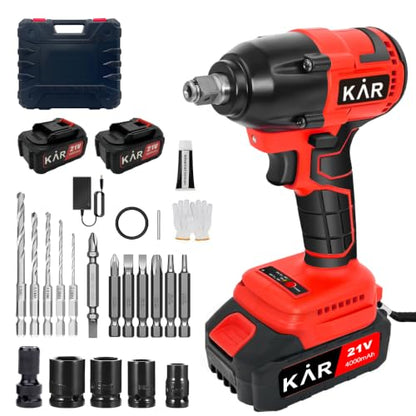 Karramlili 21V Brushless Impact Wrench 650Nm – 1/2" Cordless Impact Gun with 2x 4000mAh Batteries, Variable Speed 0-3000 RPM, 2-in-1 Impact Wrench & Drill, LED Light, Heavy Duty for Truck & Automotive