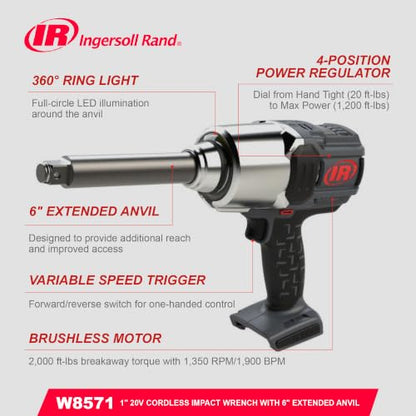 Ingersoll Rand W8571 3/4" 20V Cordless Impact Wrench Bare Tool, 2000 ft-lb Torque, 6" Extended Anvil, Friction Ring Thru-hole, Pistol - style: New W8571 3/4-Inch, Bare Tool, Ext Anvil