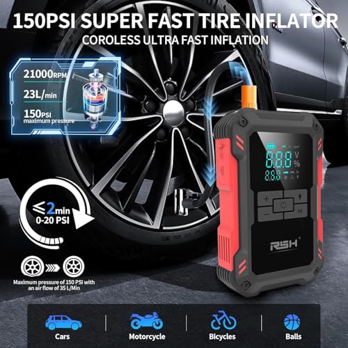 RSH Jump Starter with Air Compressor 4000A Peak Car Battery Jump Starter 150PSI Inflator Auto Booster 15000mAh Jump Box (up to 10L Gas,8L Diesel Engine) with LED Light,Quick Charger USB-C