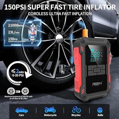 RSH Jump Starter with Air Compressor 4000A Peak Car Battery Jump Starter 150PSI Inflator Auto Booster 15000mAh Jump Box (up to 10L Gas,8L Diesel Engine) with LED Light,Quick Charger USB-C