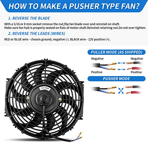 MONOKING 2PCS 12 Inch Universal Slim Fan Push Pull Electric Radiator Fans 12V 80W High Performance 12" Cooling Fan Mount Kit with Mounting Hardware 1750 CFM 6.67 Amps 80 Watts,Black - size: 12 Inch-2PCS