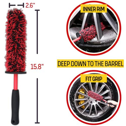oesee Microfiber Wheel Brush Kit- Microfiber Wheel Brush, Long Handle Wheel Brush, Tire& Detailing Brush, Wheel Wash Mitt. Hands-On Wheel Detailing Kit for Daily Wheel Cleaning - color: Red/Black, size: 5-Pack