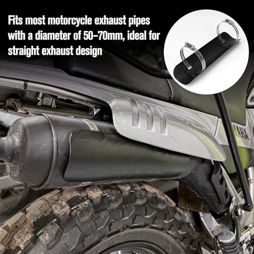Motorcycle Exhaust Pipe Heat Shield for Leg, Universal Automotive Black Metal Steel Muffler Cover Guard Protector, Curved Style with 2 Clamps, Accessory for Motorbike MiniBike Dirtbike 50-70mm Pipe