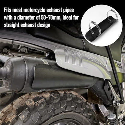 Motorcycle Exhaust Pipe Heat Shield for Leg, Universal Automotive Black Metal Steel Muffler Cover Guard Protector, Curved Style with 2 Clamps, Accessory for Motorbike MiniBike Dirtbike 50-70mm Pipe