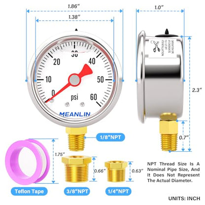 MEANLIN MEASURE 2pcs 0~60Psi Stainless Steel Liquid Filled, 1/8" NPT 1.5" Glycerin Filled Pressure Gauge, Water Oil Air, Lower Mount, with 1/4" NPT and 3/8" NPT Hex Bushing - size: 0-60Psi