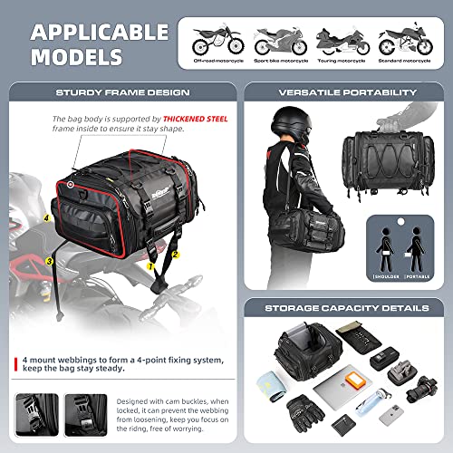 Rhinowalk Motorcycle Tail Bag Expandable Motorcycle Travel Luggage 26L Waterproof All Weather/Trunk/Rack Bag with Sissy Bar Straps-Black - size: Black 19-26L