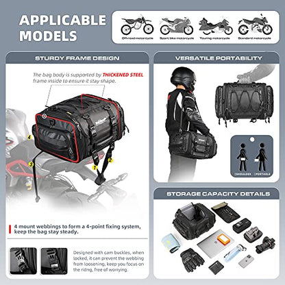 Rhinowalk Motorcycle Tail Bag Expandable Motorcycle Travel Luggage 26L Waterproof All Weather/Trunk/Rack Bag with Sissy Bar Straps-Black - size: Black 19-26L