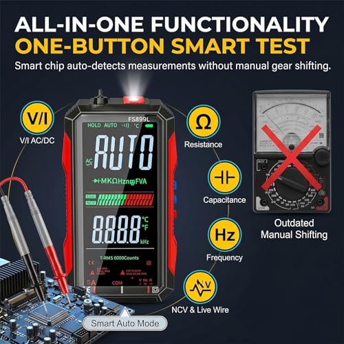 2026 Upgraded FS899L Digital Multimeter & 20 pcs Silicone Test Leads Kit, USB-C Rechargeable Color Screen, Auto 6000 Counts True RMS AC/DC Voltage Tester, NCV, CAT.III 1000V
