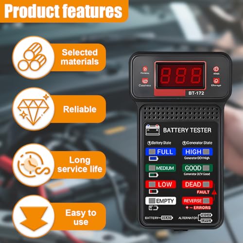Craedli 12V Car Battery Tester BT-172, Digital Automotive Battery Analyzer & Alternator Charging System Tester with LCD Display and LED Indicators, Voltmeter Diagnostic Tool for Cars Trucks SUV(Black)