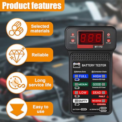 Craedli 12V Car Battery Tester BT-172, Digital Automotive Battery Analyzer & Alternator Charging System Tester with LCD Display and LED Indicators, Voltmeter Diagnostic Tool for Cars Trucks SUV(Black)