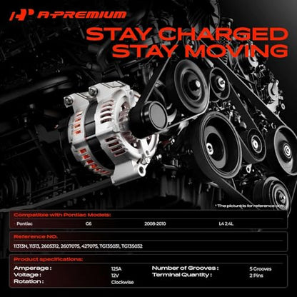 A-Premium Alternator, 12V 125A 5-Groove Pulley CW, Compatible with Pontiac