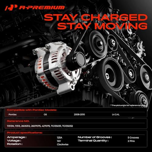 A-Premium Alternator, 12V 125A 5-Groove Pulley CW, Compatible with Pontiac