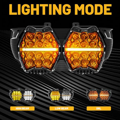 240W High Power Dual Motorcycles LED Headlight High Low Beam with DRL E24 Projector Head Lamp Compatible with Road glide 2015-2023 (Yellow+white) - color: White + Yellow