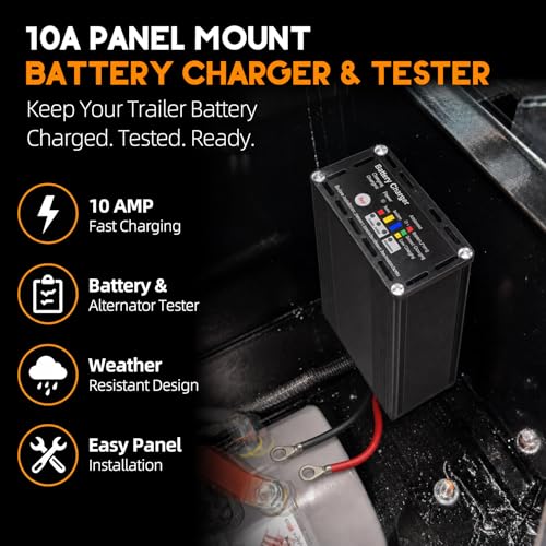 10 AMP 12 Volt Battery Charger & Tester for Dump Trailers, Cars (Automotive), RVs, Marine (Boats), Panel Mount On Board Trickle Charger Maintainer, LED Battery & Alternator Status, Trailer Accessories
