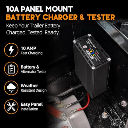 10 AMP 12 Volt Battery Charger & Tester for Dump Trailers, Cars (Automotive), RVs, Marine (Boats), Panel Mount On Board Trickle Charger Maintainer, LED Battery & Alternator Status, Trailer Accessories