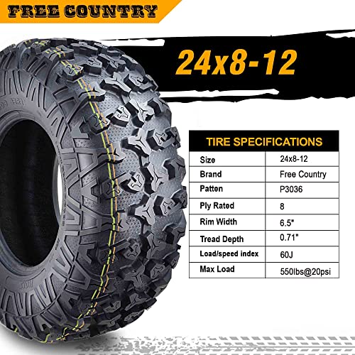 Free Country Set 2 Premium ATV/UTV Tires 24x8-12 24x8x12 8PR w/Scuff Guard - size: 24X8-12