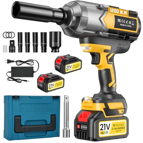 Cordless Impact Wrench 1200 N.m (900Ft-lbs), 1/2 inch Brushless Impact Gun with 2 x 4,0 AH Battery, 5 Sockets & Storage Case, 1 Converter 3/4", 1 Extension, 3 Rubber Rings, for Car/Truck/Home