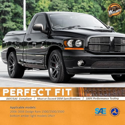 WEELMOTO Black Headlights with Amber Bottom for 2006-2008 Ram 1500-3500 - color: Clear Lens I Black housing I Amber Reflector