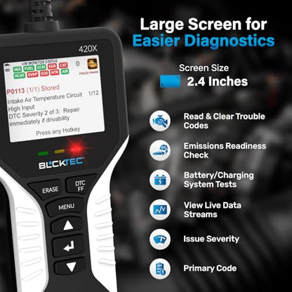BLCKTEC 420X OBD2 Scanner Diagnostic Tool, Read and Clear Check Engine Light, Car Code Reader for All OBDII Cars 1996 and Newer, Comes with Bluetooth Topnotch App On iOS & Android - size: 2.4 inches