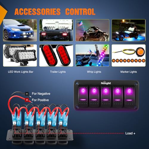 Nilight 5 Gang Rocker Switch Panel w/Purple LED Light 5Pin On Off Pre-Wired - color: Purple, size: 5 Gang