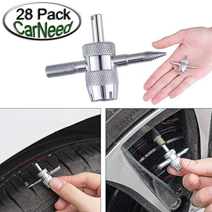 FEBRYTOLD 3 Pcs Tire Valve Core Remover Tools with 25 Pcs Brass Valve Stem Cores, 4-Way Valve Stem Core Tool, Dual & Single Head Tire Valve Core Remover Installer Tools - size: 28 pcs