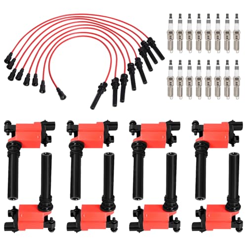 ENA Set of 8 Ignition Coil Pack with Wire Set and 16 Spark Plug 5.7 Compatible with Chrysler Dodge Jeep Ram 1500 2500 3500 Magnum Grand Cherokee 300 5.7L V8 2003 2004 2005 Replaces UF378 3213 -Red