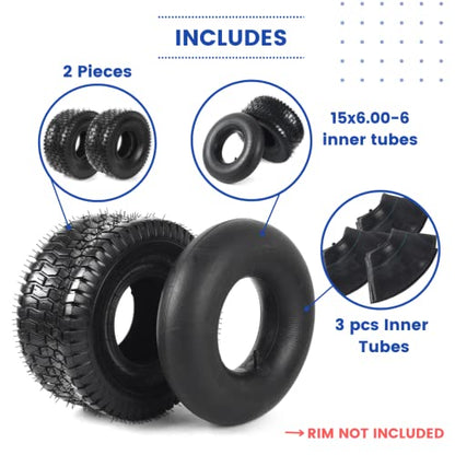 AR-PRO 15x6.00-6 Lawn Mower Tires with Tubes, 4-Ply Pneumatic Tires - size: 15x6.00-6