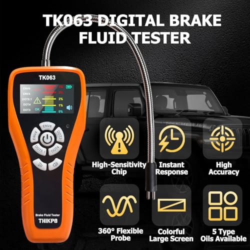 Brake Fluid Tester for DOT3 DOT4 DOT5.1 EVN4 EVN6, High-Sensitivity Digital Brake Oil Moisture Tester with LCD Display, Built-in Calibration, Corrosion Resistance Probe, Buzzer Alarm