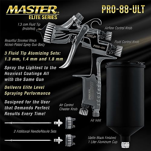Master Elite Performance PRO-88 HVLP Automotive Spray Paint Gun with 3 Tips - size: 1.3mm, 1.4mm, 1.8mm
