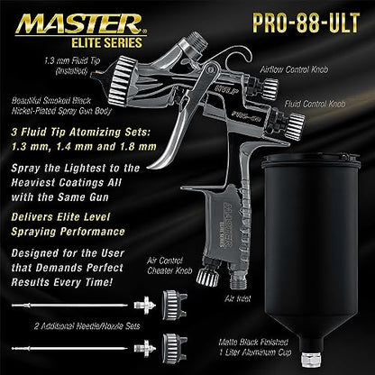 Master Elite Performance PRO-88 HVLP Automotive Spray Paint Gun with 3 Tips - size: 1.3mm, 1.4mm, 1.8mm
